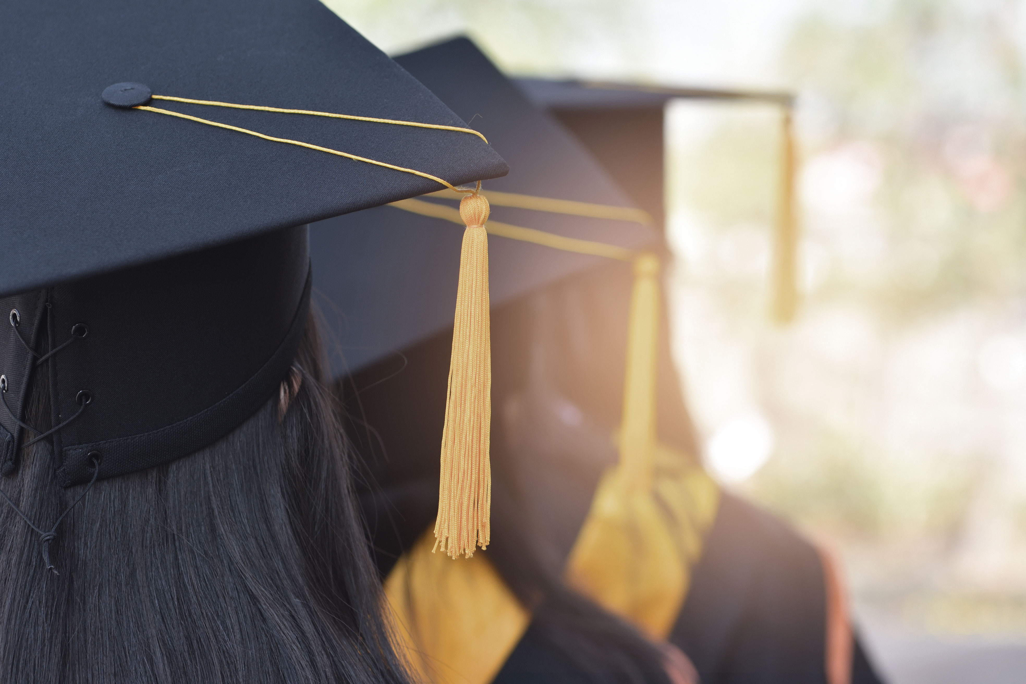 Graduates in black caps with gold tassels, seen from behind at a university graduation ceremony