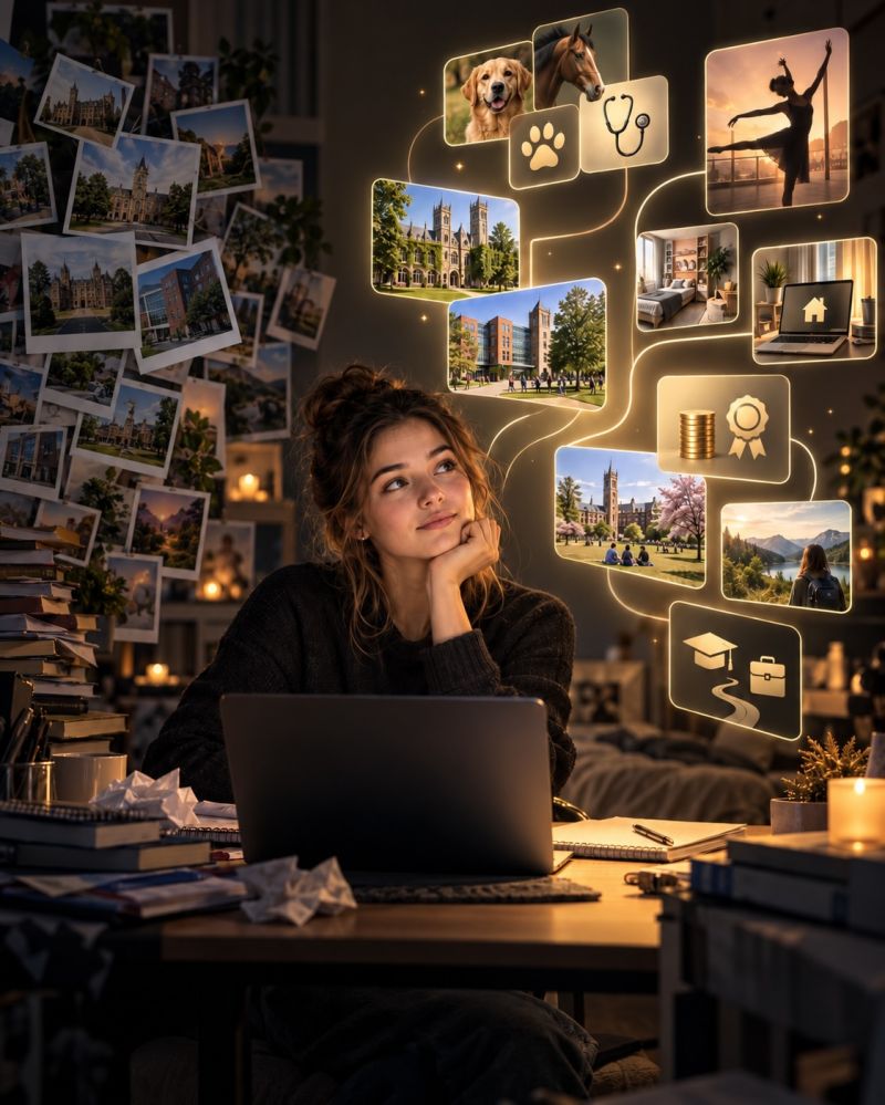 Prospective student researching university options on a laptop