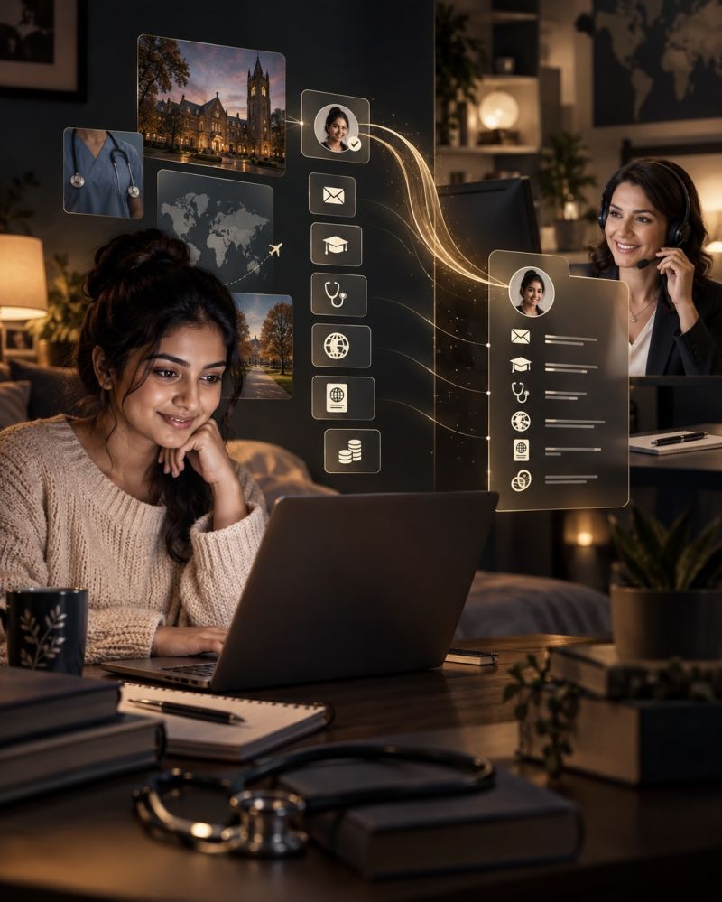 Student on a laptop connected to an advisor with course and location context