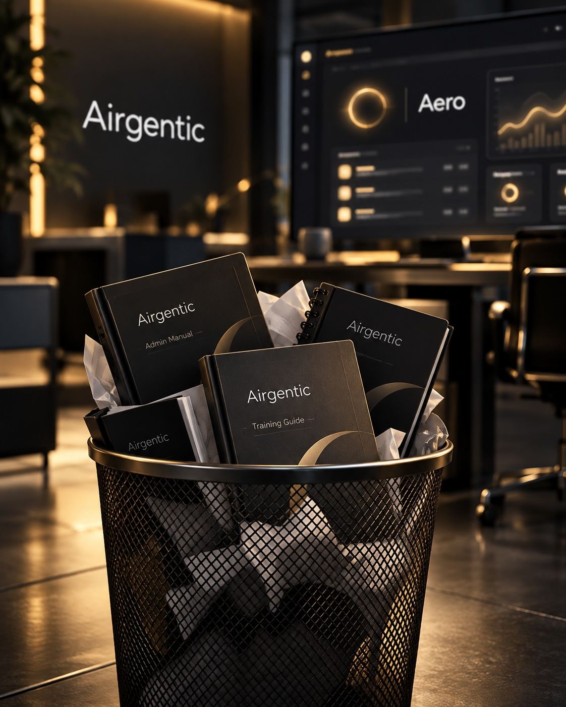 Airgentic admin manuals and training guides discarded in a wastepaper bin, with the Aero assistant shown on a screen in the background